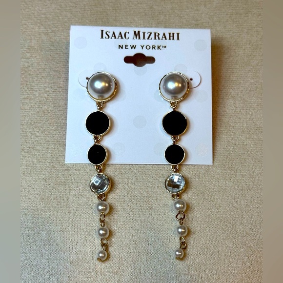 Isaac Mizrahi Black, Gold and Pearl Linear Drop Earrings - Picture 1 of 2